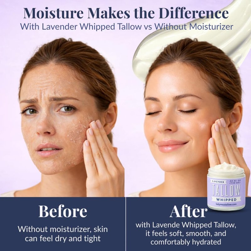 Lady May Tallow Whipped Tallow 24oz - All Natural Face Cream and Whole Body Moisturizer for Dry Skin - Made with Scented Oil Blend - No Preservatives, Parabens or Seed Oils - USA Made (Lavender)