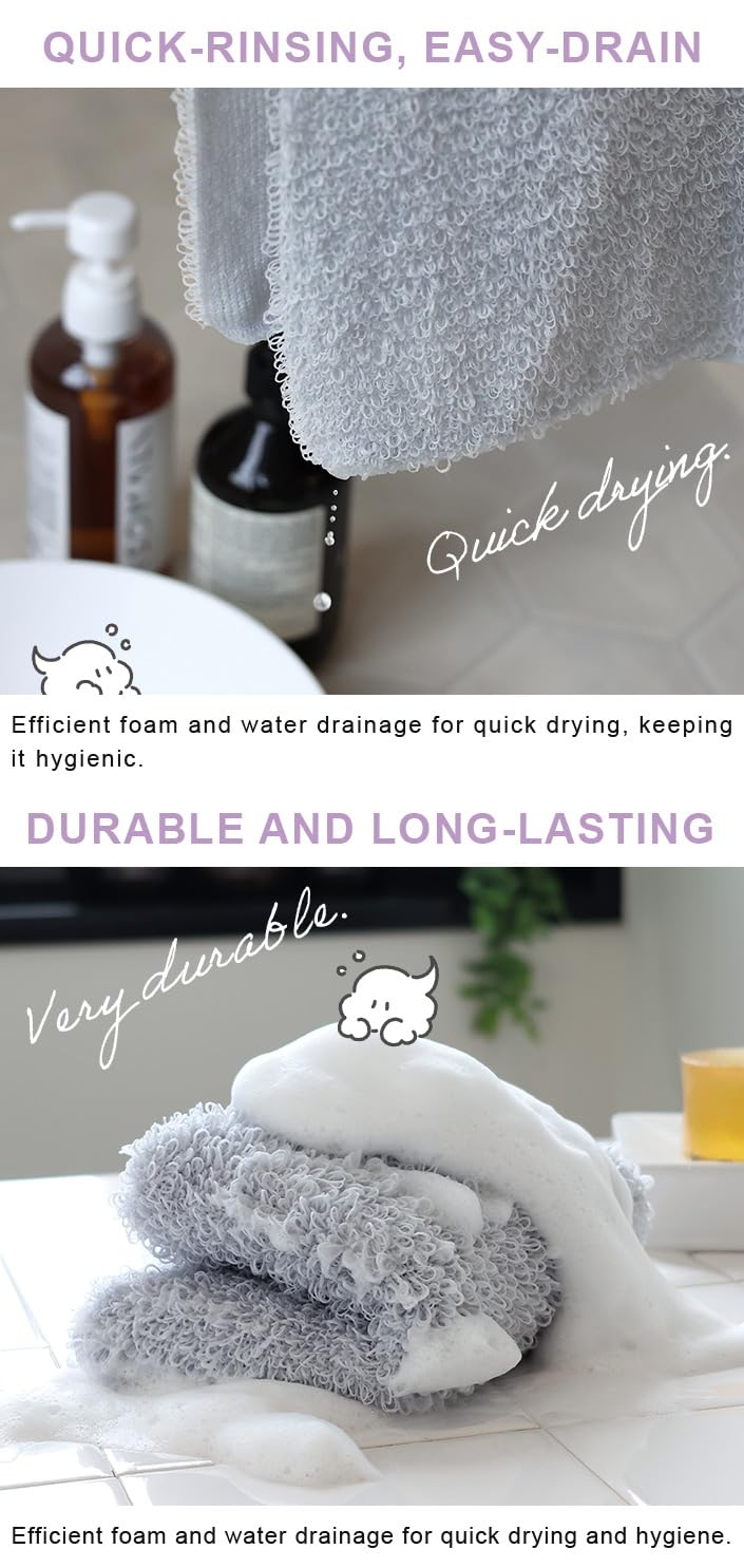 HIORIE Exfoliating Shower Towel, 2-Pack, Soft Washcloth for Rich, Luxurious Lather, White & Light Gray, Made in Japan