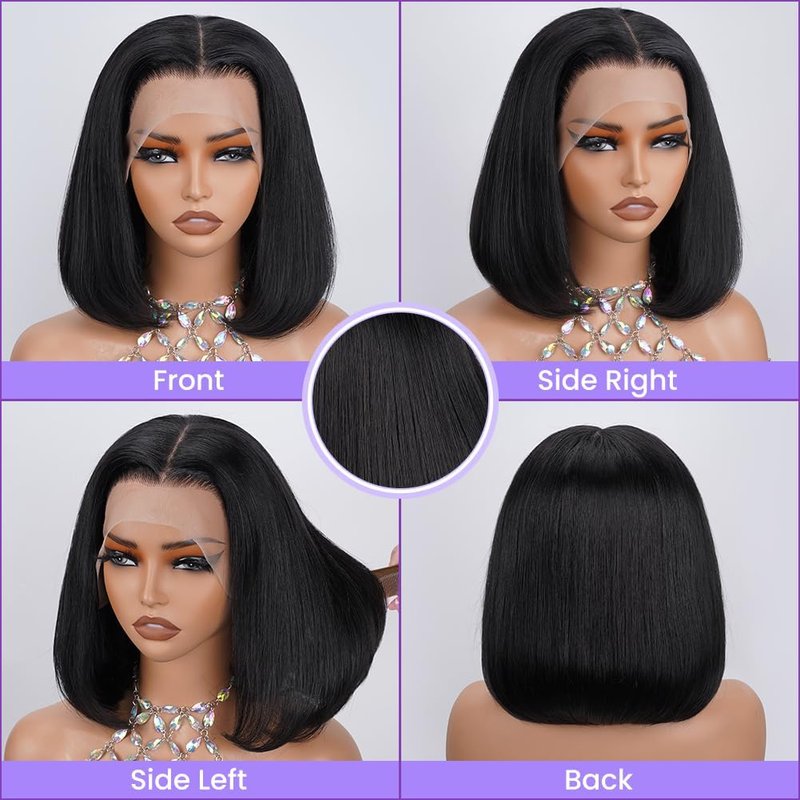 TONGMAY Lace Front Bob Wigs Human Hair 13x4 HD Lace Glueless Bob Wig Human Hair Short Straight Frontal Wigs for Women Pre Plucked with Baby Hair 180% Density Natural Black 14 Inch