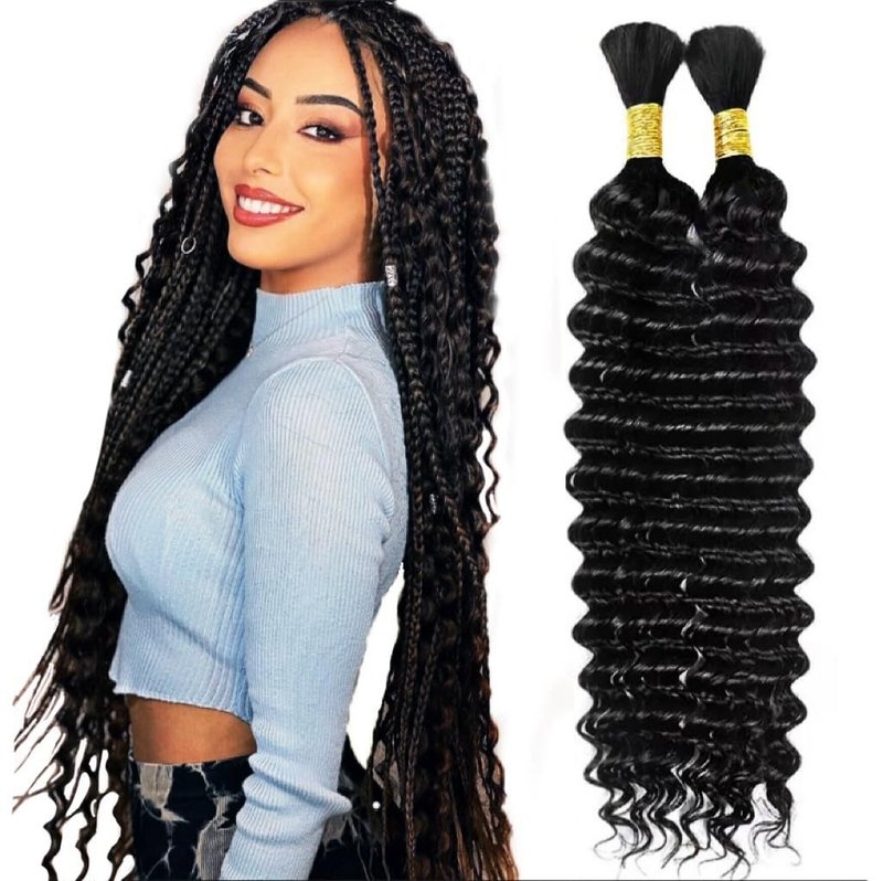 Human Braiding Hair - Boho Deep Wave Bulk Extensions | 100g, 16 Inch, No Weft, Natural Color