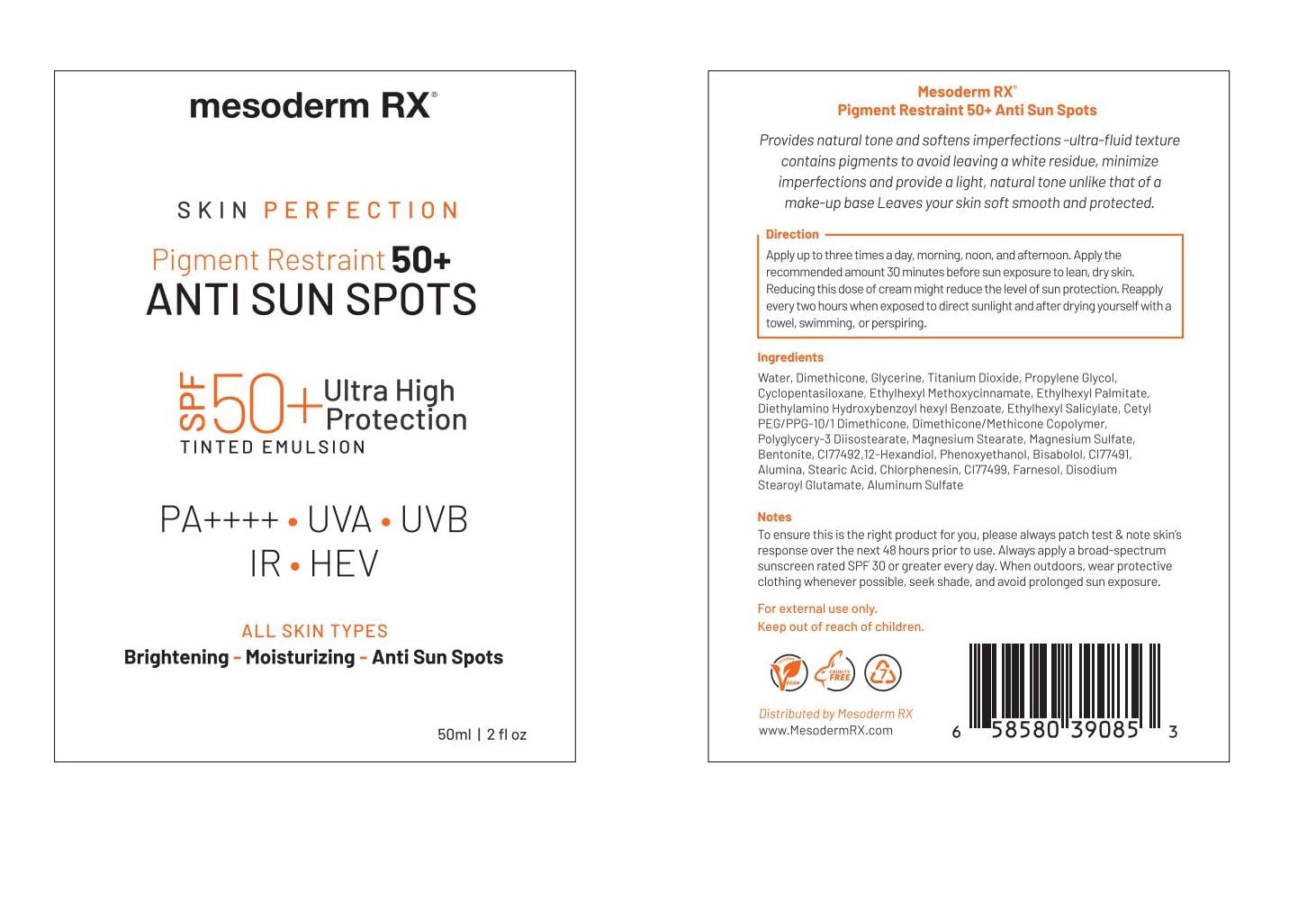Mesoderm RX Pigment Restraint Anti Sun Spots Ultra High Protection Pigment Control-Protects Skin against Blue Light UVB, UVA, HEV, IR-Facial Sunblock, 50ml