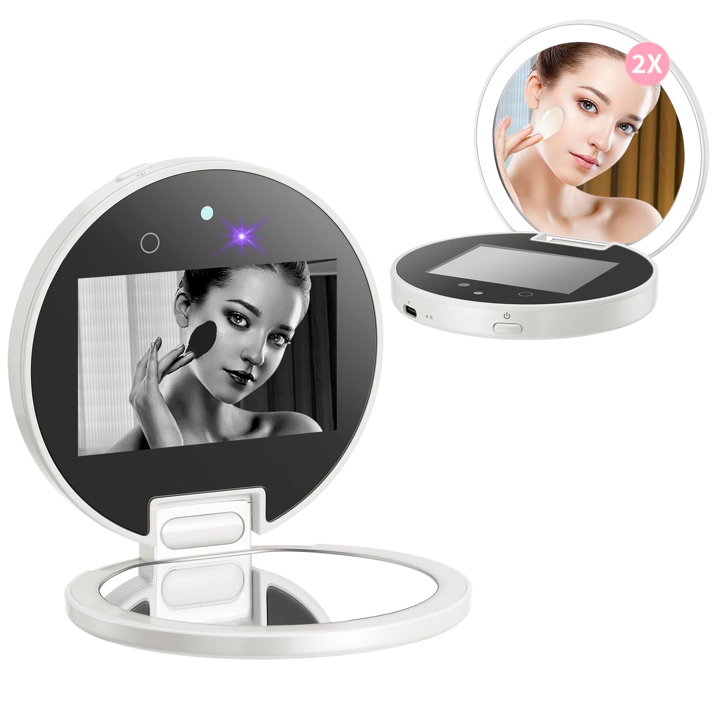 DESCHEN UV Camera Mirror for Sunscreen Test, 2X Makeup Mirror with Lights and Magnification, Rechargeable 3.8 Inch Portable Pocket Mirror for Skin Protection