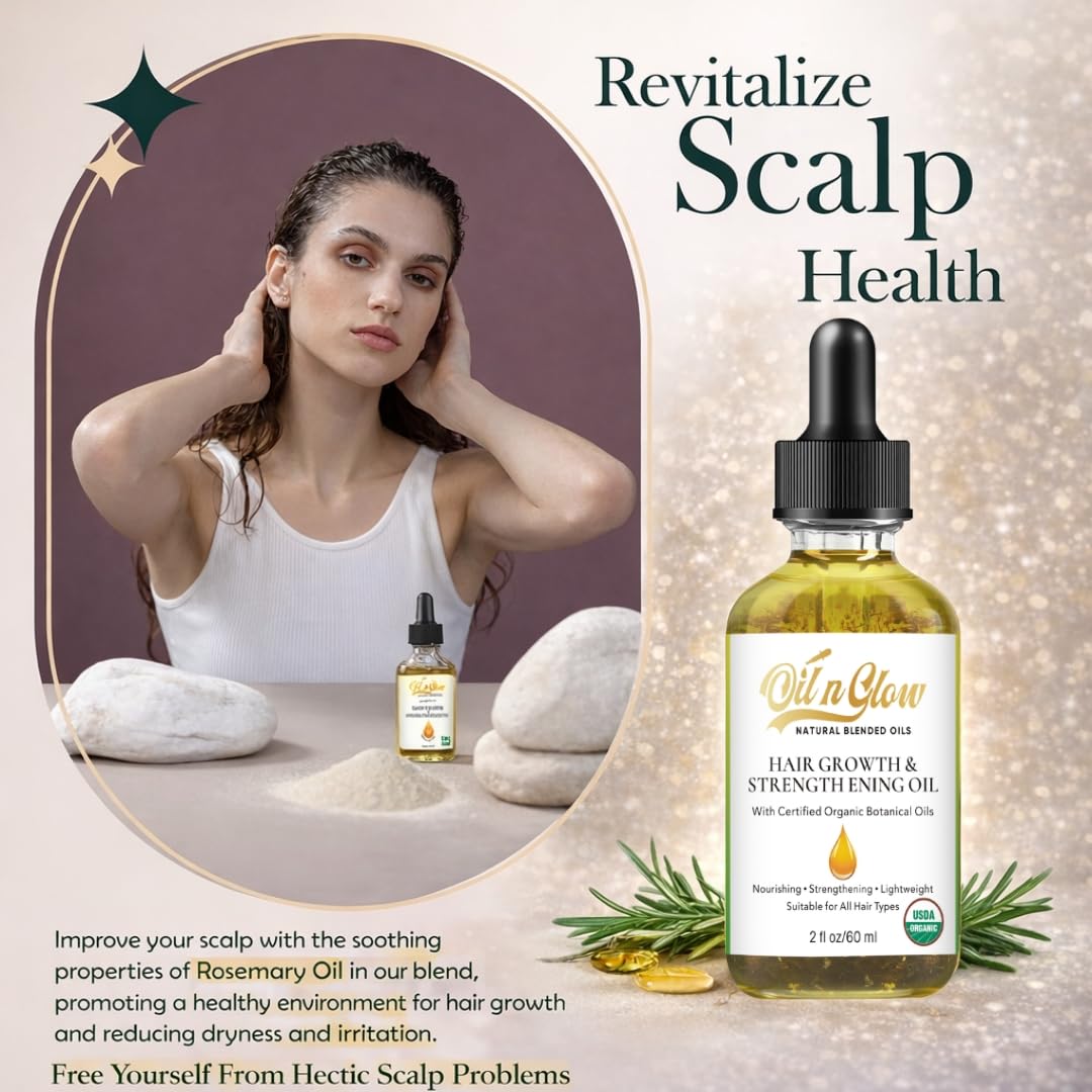 OilnGlow USDA Certified Organic 9 in 1 Natural Hair Serum for Hair Growth, & Strengthening With Rosemary Oil for Hair Growth, & Scalp DHT Blocker Peppermint Hair Oil Growth 2 FL