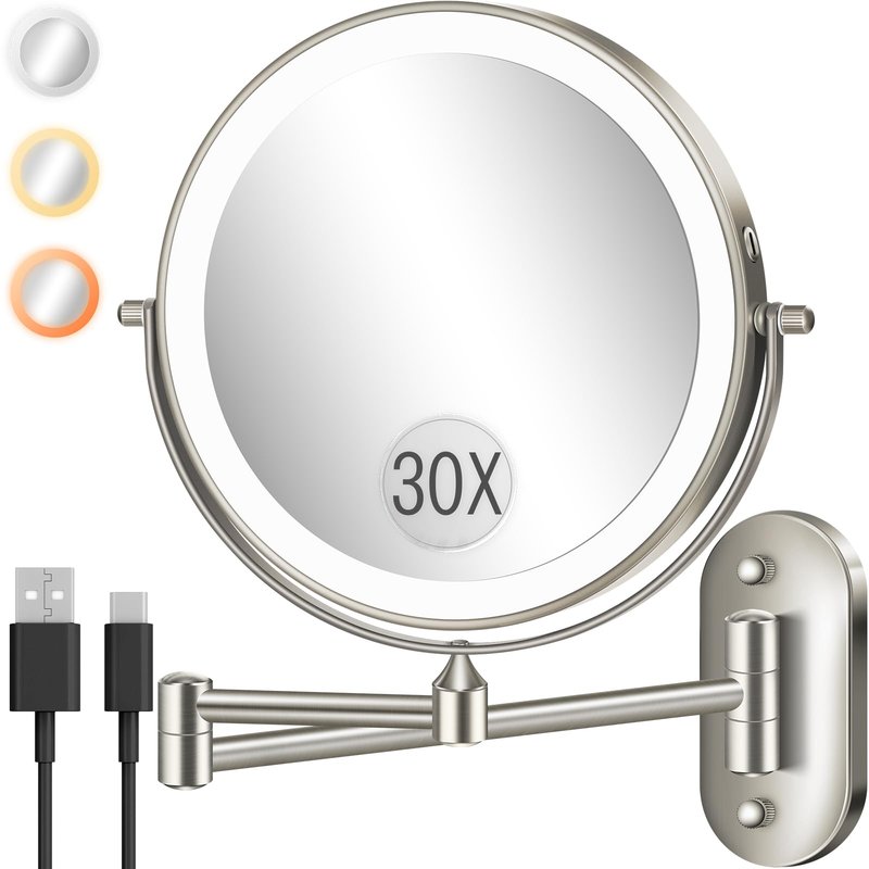 Wall Mounted Makeup Mirror with Light, 30X/1X 8'' Double Sided LED Magnifying Bathroom Lighted Vanity Mirror with Magnification, 3 Color Light up Touch Dimmable Extended Arm 360 Rotation