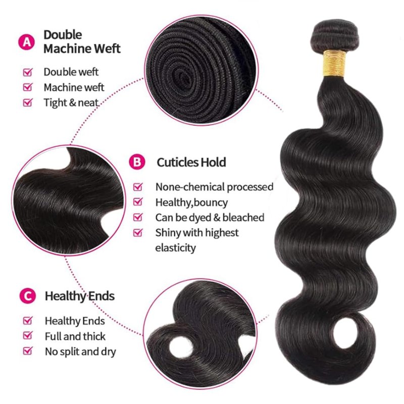 Human Hair Bundle - Natural Black Body Wave Extensions | 3 Bundles 14", 16", 18" - 150g