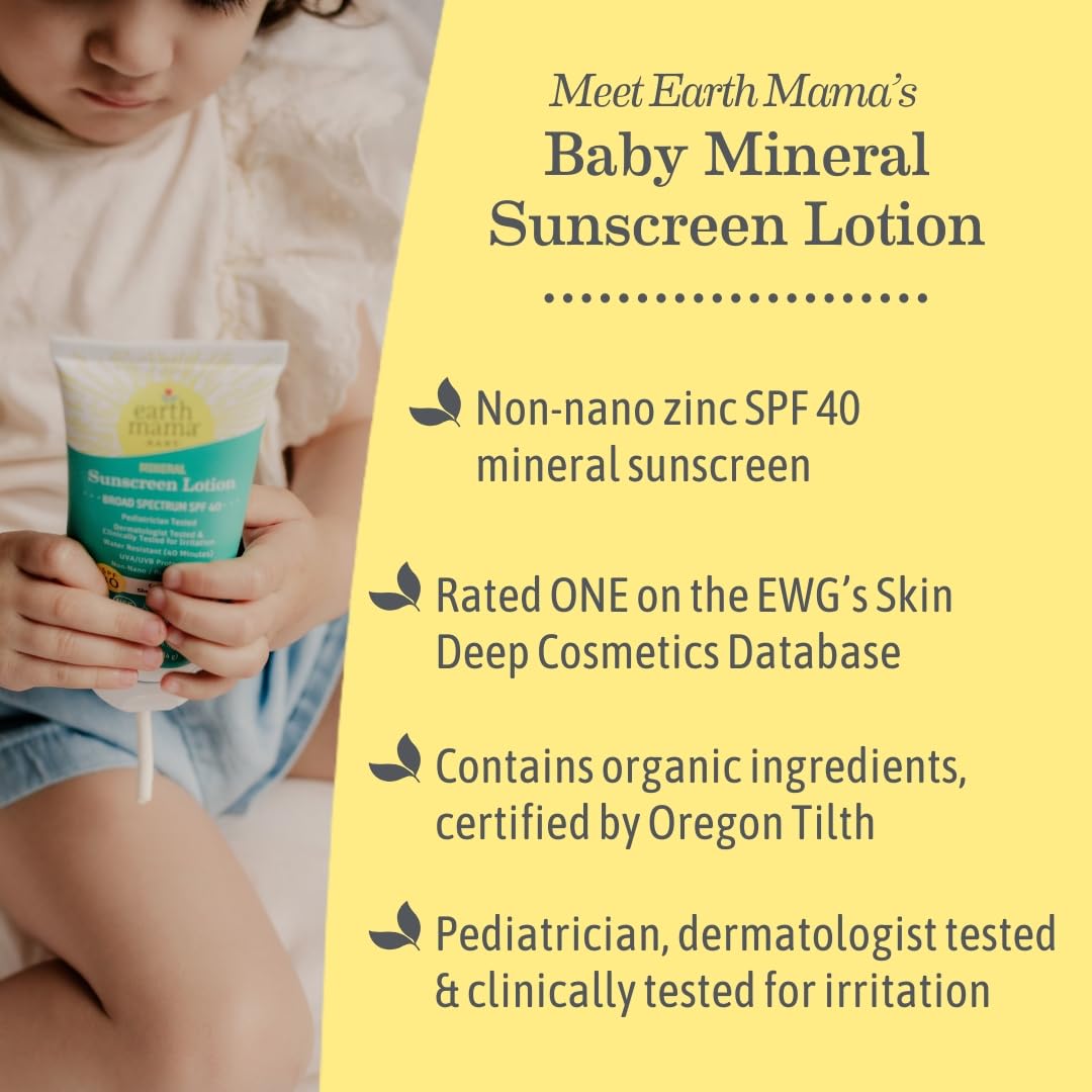 Earth Mama Baby Mineral Sunscreen Lotion SPF 40 - (2 Pack) 3 oz - Non-Nano Zinc - Broad Spectrum for Babies, Kids & Family - Water Resistant Sun Protection