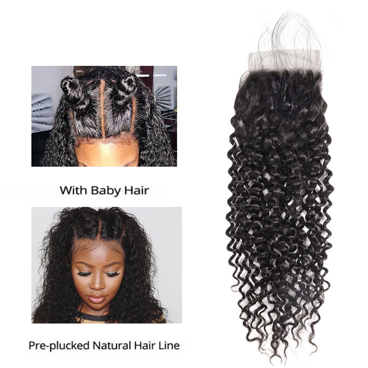 Brazilian Kinky Curly 4x4 Lace Closure 100% Unprocessed Human Virgin Hair Pre Plucked Jerry Curly Pre-Plucked Hairline Frontal Closure Natural Black With Baby Hair (14inch, curly closure)