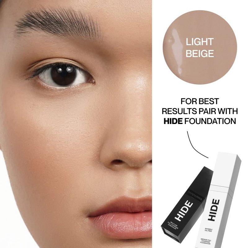 HIDE Multi-Use Full Coverage Concealer, Oil-Free & Longwearing Under Eye Concealer for Blemishes, Dark Circles, & Contouring, Vegan, Cruelty-Free, Light Beige, 0.5 fl oz