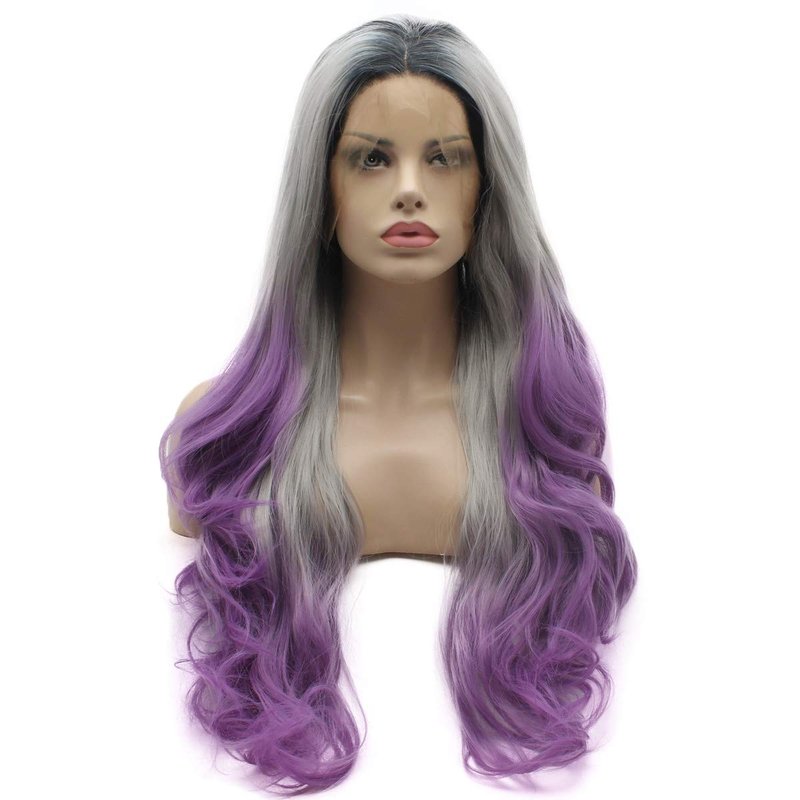 Lushy Hair Lace Front Synthetic Wig - 26-Inch Wavy Dark Root Gray Purple Ombre | Heat Resistant, Realistic Look