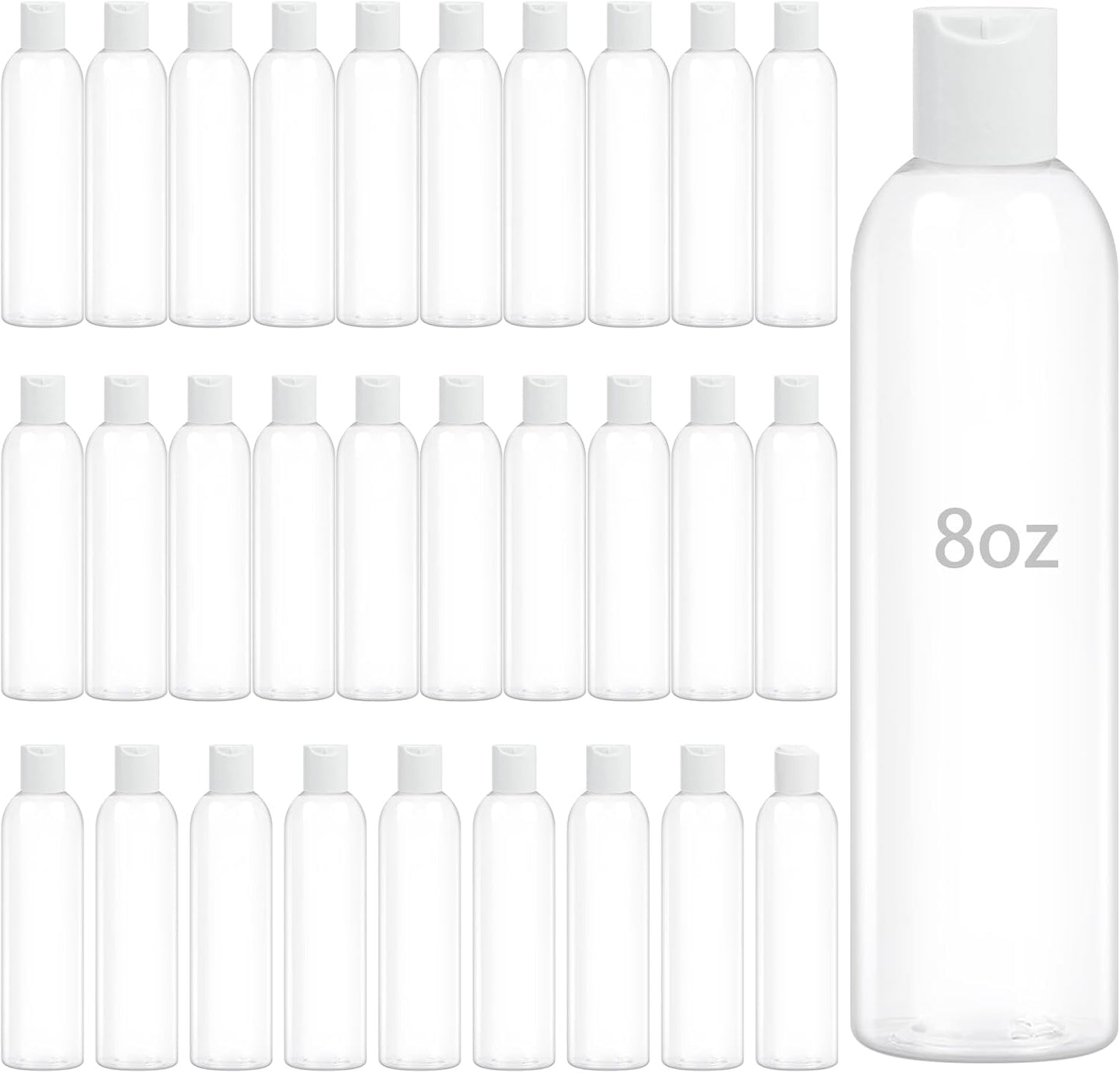 Clear Plastic Bottles - 30 Pack 8 oz Refillable Squeeze Containers for Toiletries, Shampoo & Lotion
