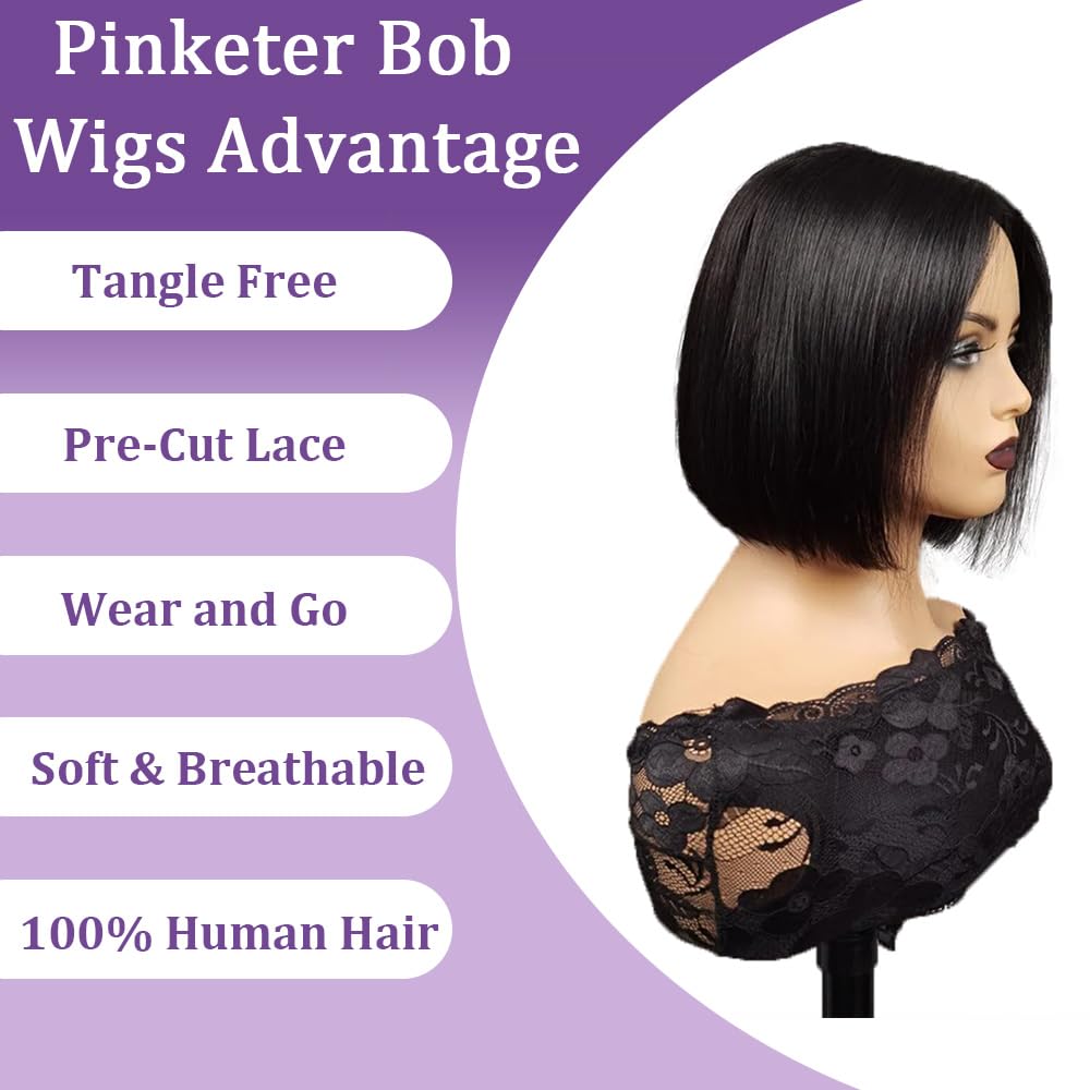 Pinketer Glueless Wigs Human Hair Pre Plucked Pre Cut Wear and Go Straight Bob Wigs 4x4 Lace Closure Wigs 180% Density Short Human Hair Wigs for Black Women (Glueless Wig, 12inch)