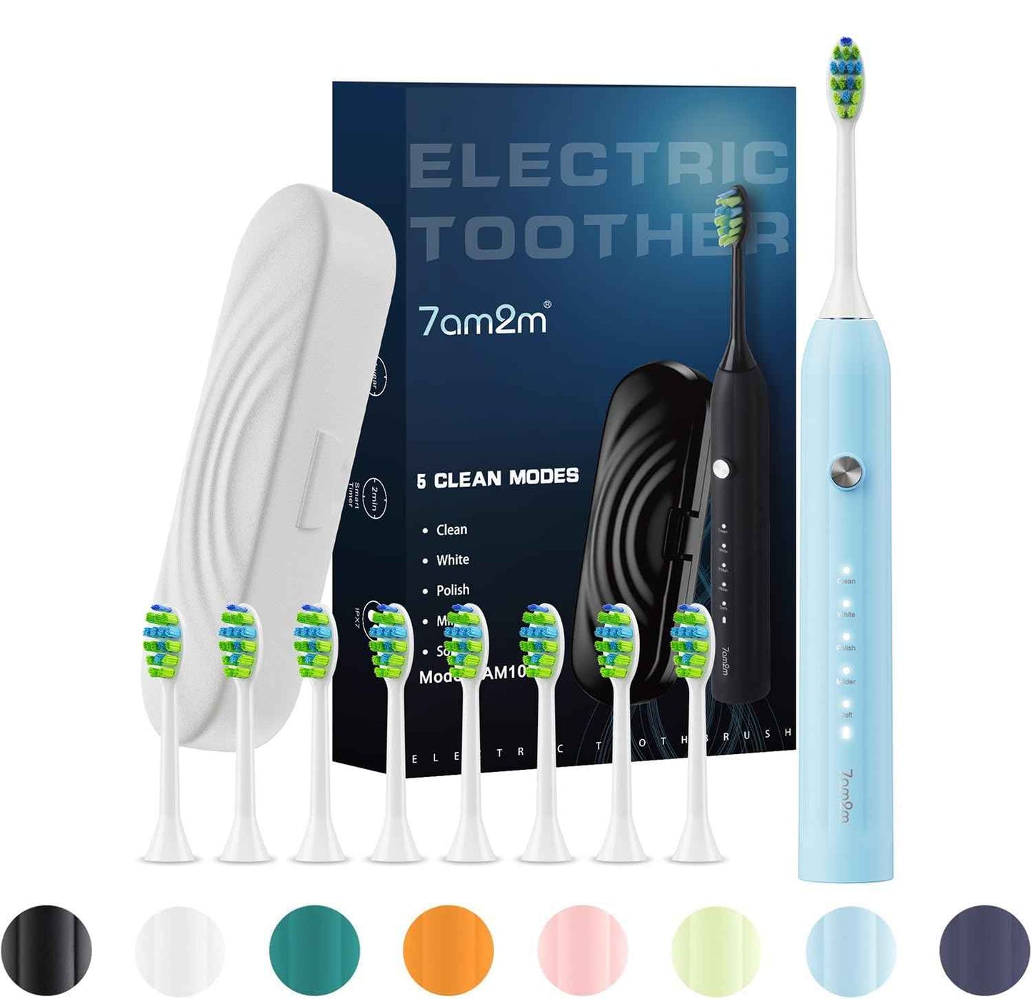 7AM2M Sonic Electric Toothbrush for Adults and Kids, with 8 Brush Heads and Travel Case,5 Modes with 2 Minutes Build in Smart Timer, One Charge Use for 90 Days, Rechargeable Toothbrushes (Light Blue)