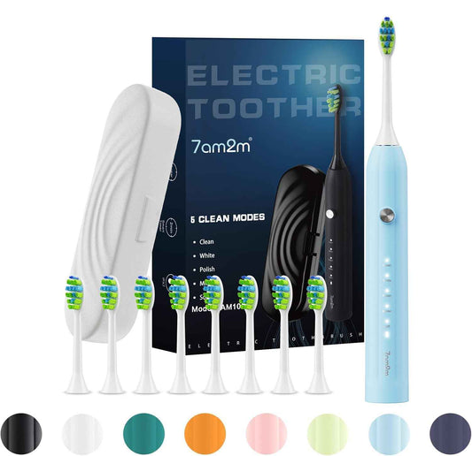 7AM2M Sonic Electric Toothbrush for Adults and Kids, with 8 Brush Heads and Travel Case,5 Modes with 2 Minutes Build in Smart Timer, One Charge Use for 90 Days, Rechargeable Toothbrushes (Light Blue)