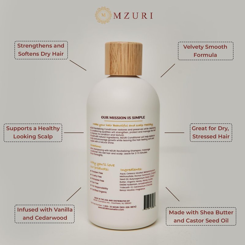 MZURI Revitalizing Conditioner with Shea Butter, Vanilla, & Cedarwood, Moisturizing, Hydrating, and Deep Conditioning Treatment for Frizzy, Dry, Hair, Restorative Leave-In Formula - 16 Fl. Oz