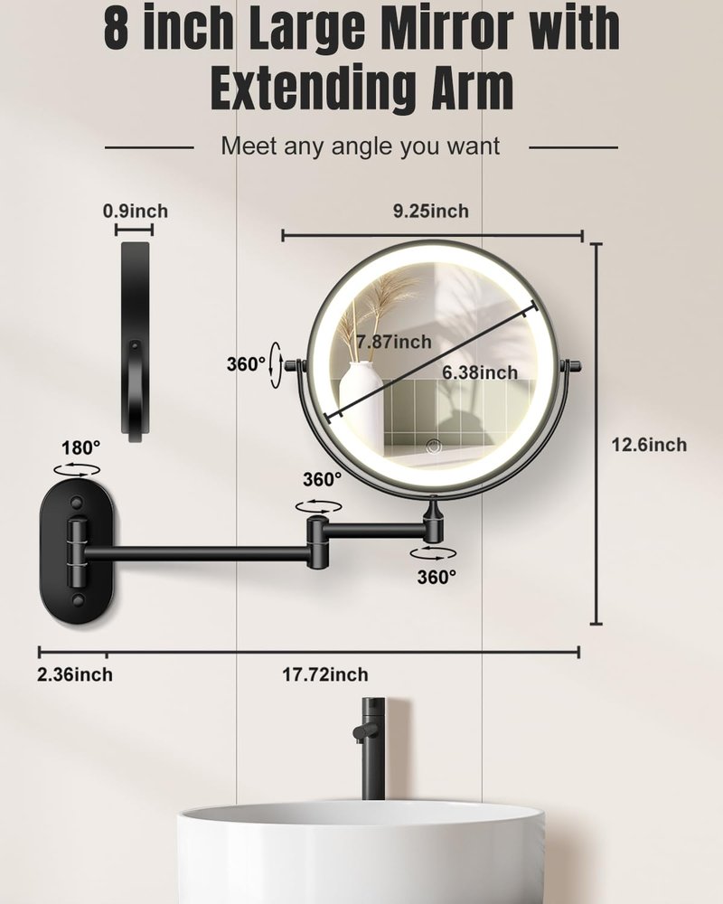 30X/1X Wall Mounted Lighted Makeup Mirror, 8'' Double Sided Rechargeable Magnifying Bathroom Mirror with Light, 3 Color Lights Touch Dimmable Extended Arm 360 Rotation Light up Mirrors
