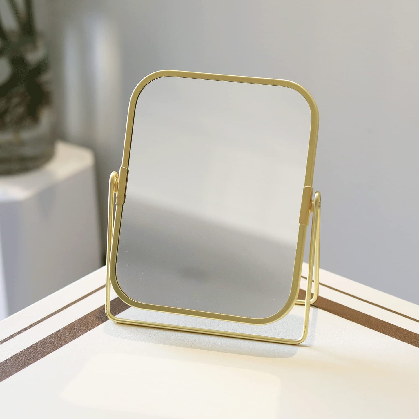 LONGSHENG - SINCE 2001 - Gold Tabletop Makeup Mirror Double Side Square Vanity Mirror Desk Mirror for Home Bathrom