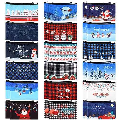 Abbylike 36 Pcs Christmas Makeup Bags Bulk Gifts Plaid Cosmetics Santa Gnomes Elk Snowman Xmas Purse Double Sided Goodie Bags for Women Travel Holiday Present,18 Styles