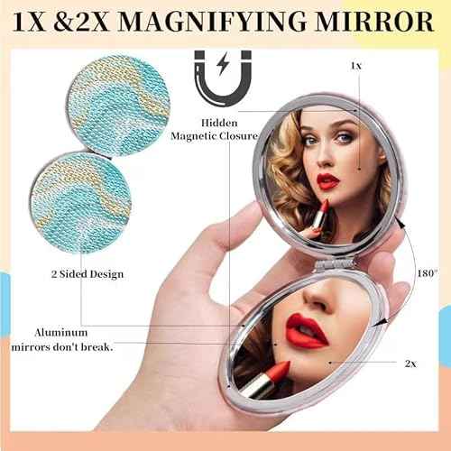 4 Pcs Diamond Painting Compact Mirror, Ocean Diamond Art Mirror Kits DIY Pocket Mirror, Unbreakable Portable Magnifying Folding Purse Mirror Makeup Mirror for Beginner Women