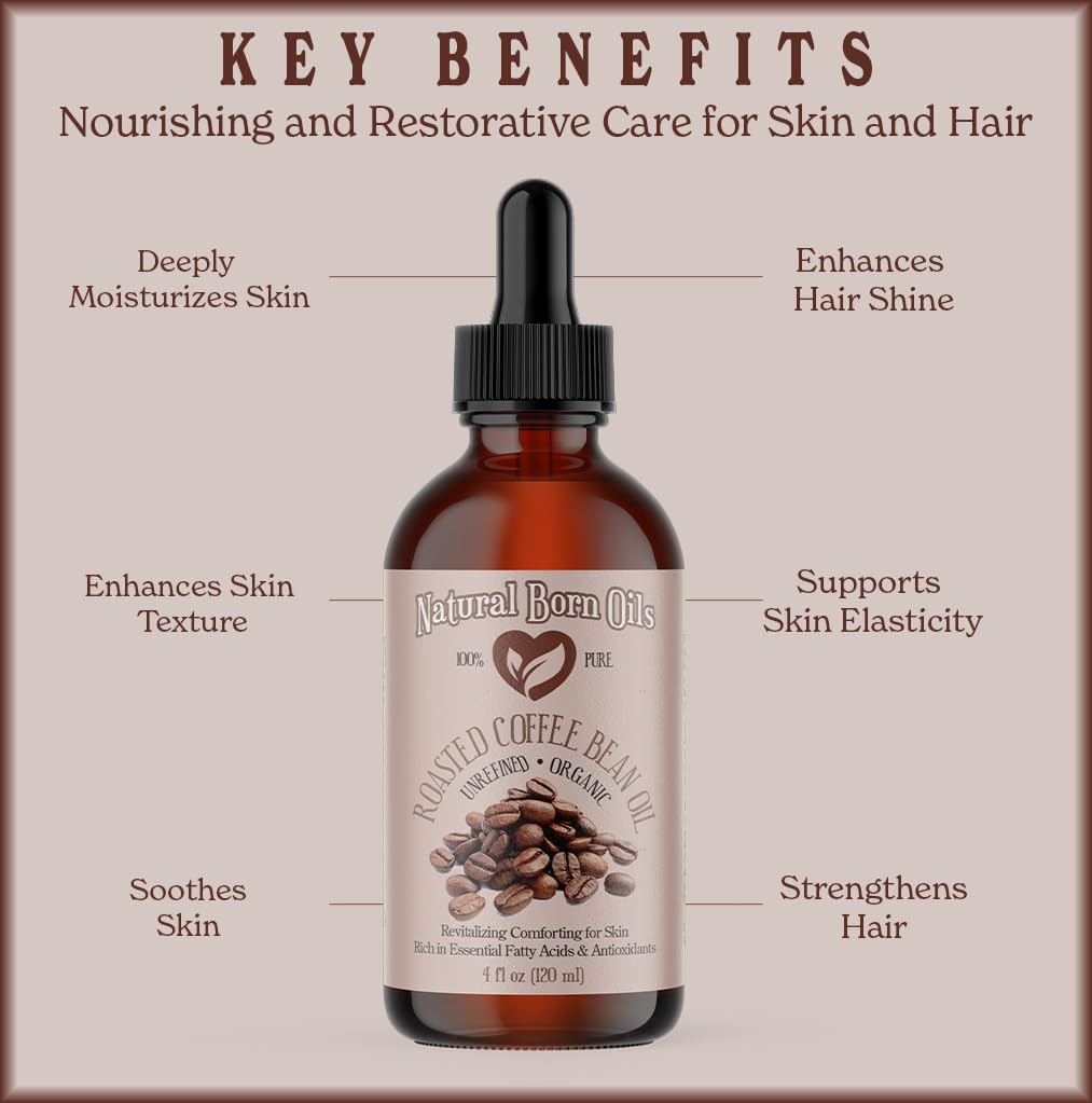 Natural Born Oils Roasted Coffee Bean Oil, 8oz, Organic, Cold-Pressed, Vitamin-Rich, Skin Radiance Enhancer, Hair Conditioner