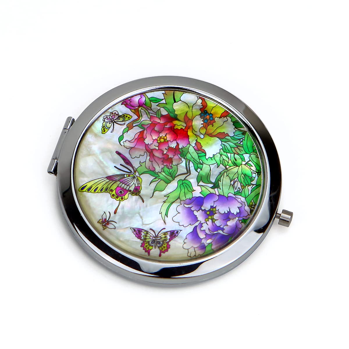 Compact Mirror–Mother of Pearl Magnifying Mirror–One-Touch Travel Makeup Mirror–Elegant Handheld Mirror with Floral Design–Dual-Sided Portable Mirror–Traditional Korean Painting(Butterfly TreePeony)