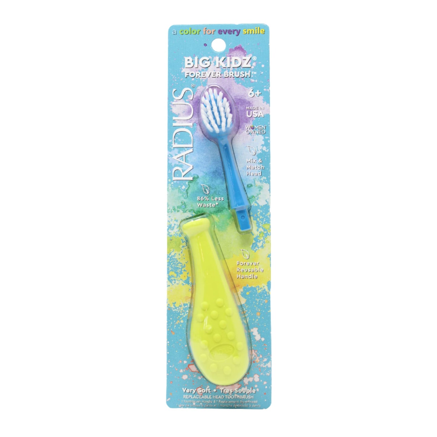 Radius Big Kidz Forever Brush with Replaceable Head Toothbrush for Children, 6 Years and Up, BPA Free ADA Accepted for Growing Teeth and Gums - Right and Left Handed, Extra Soft