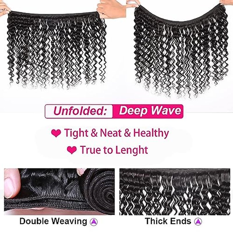 Deep Wave Human Hair Bundles with Closure 12A Grade Brazilian Unprocessed Virgin Human Hair 3 Bundles With 4X4 Lace Closure Free Part 16 18 20+14 Inch Double Weft Water Wave