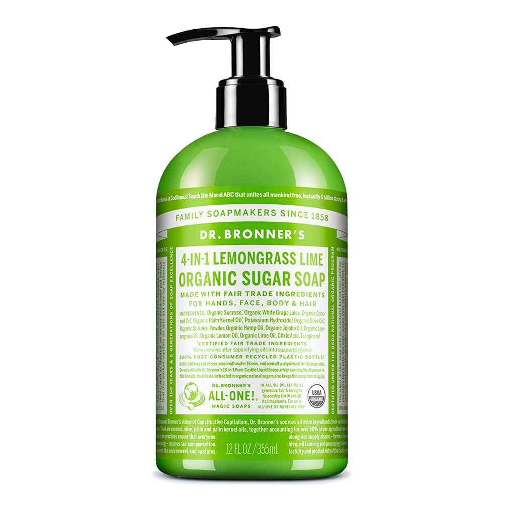 Dr. Bronner's - Organic Sugar Soap (Lemongrass, 12 Ounce) - Made with Organic Oils, Sugar and Shikakai Powder, 4-in-1 Use: Hands, Body, Face and Hair, Cleanses, Moisturizes and Nourishes, Vegan