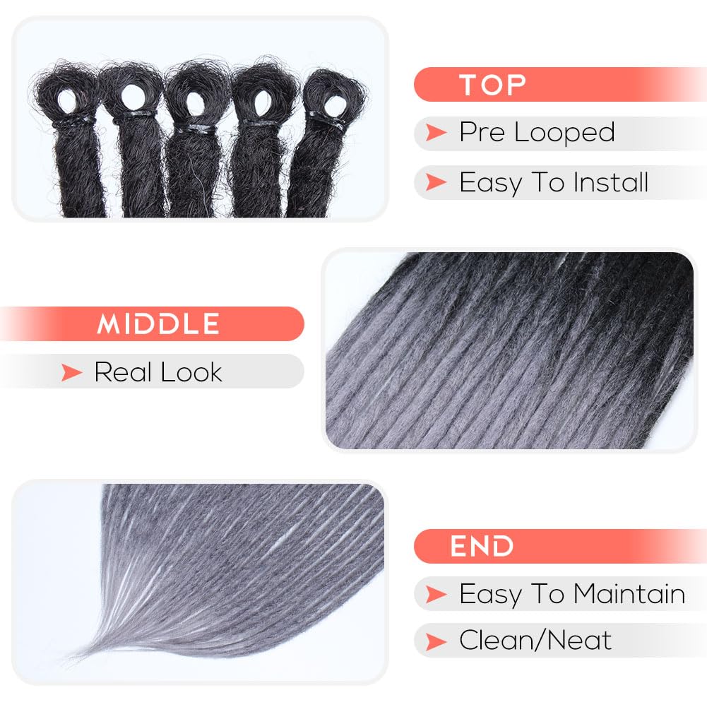 Kraler 24-Inch Ombre Black to Grey Dreadlock Extensions - 40 Strands Thick Synthetic Hair for Hip Hop Style | 1cm Width