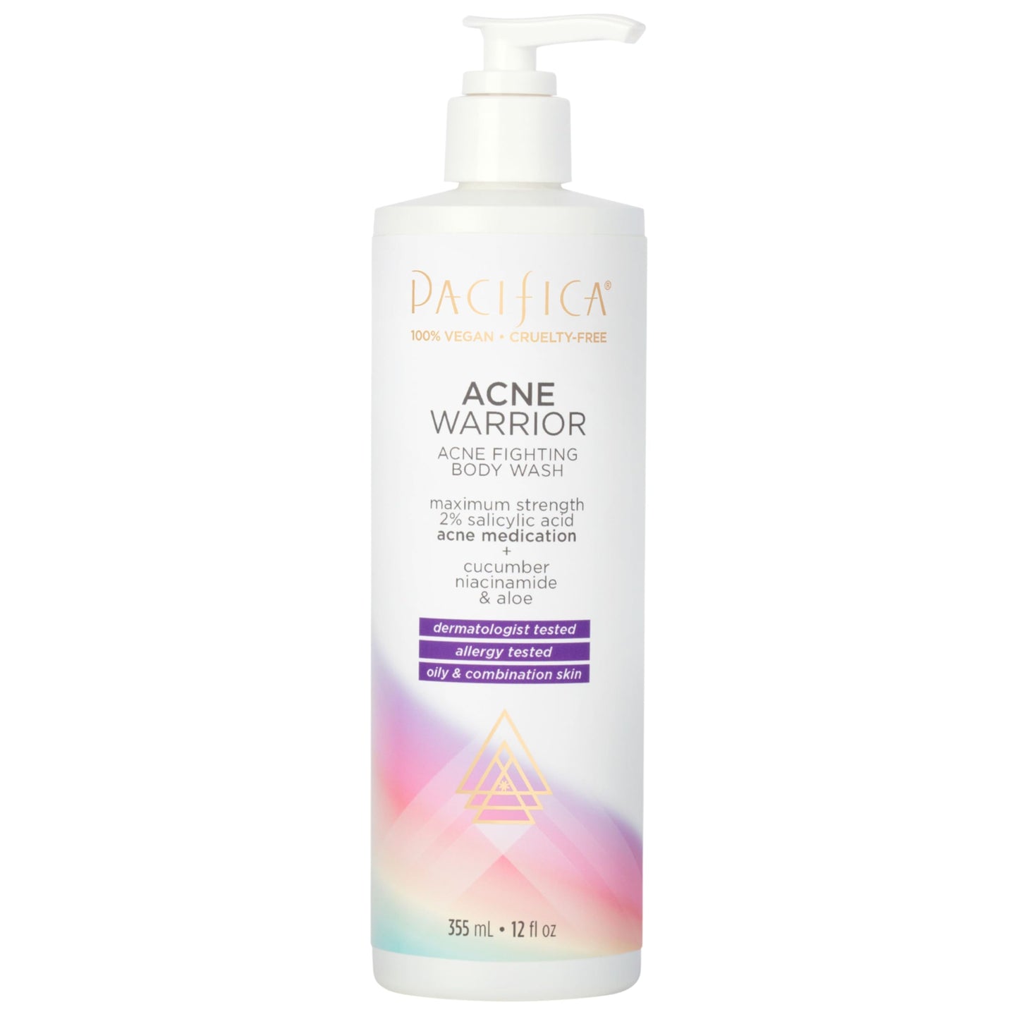 Pacifica Beauty Acne Warrior Acne Fighting Body Wash with Pump, Bath and Shower Gel, 2% Salicylic Acid, Cucumber, Niacinamide, Aloe, Acne Treatment, Blemishes, Vegan, 12 fl oz (1 Count)