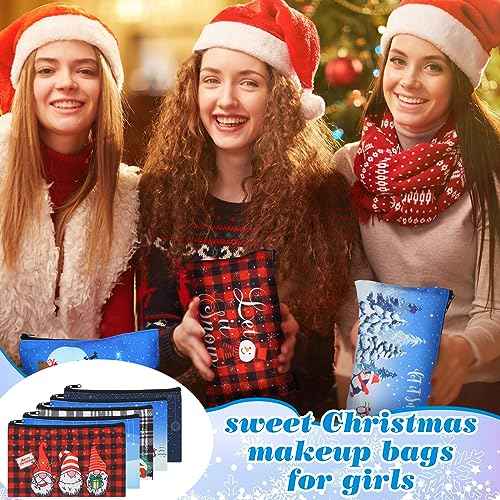 Abbylike 36 Pcs Christmas Makeup Bags Bulk Gifts Plaid Cosmetics Santa Gnomes Elk Snowman Xmas Purse Double Sided Goodie Bags for Women Travel Holiday Present,18 Styles