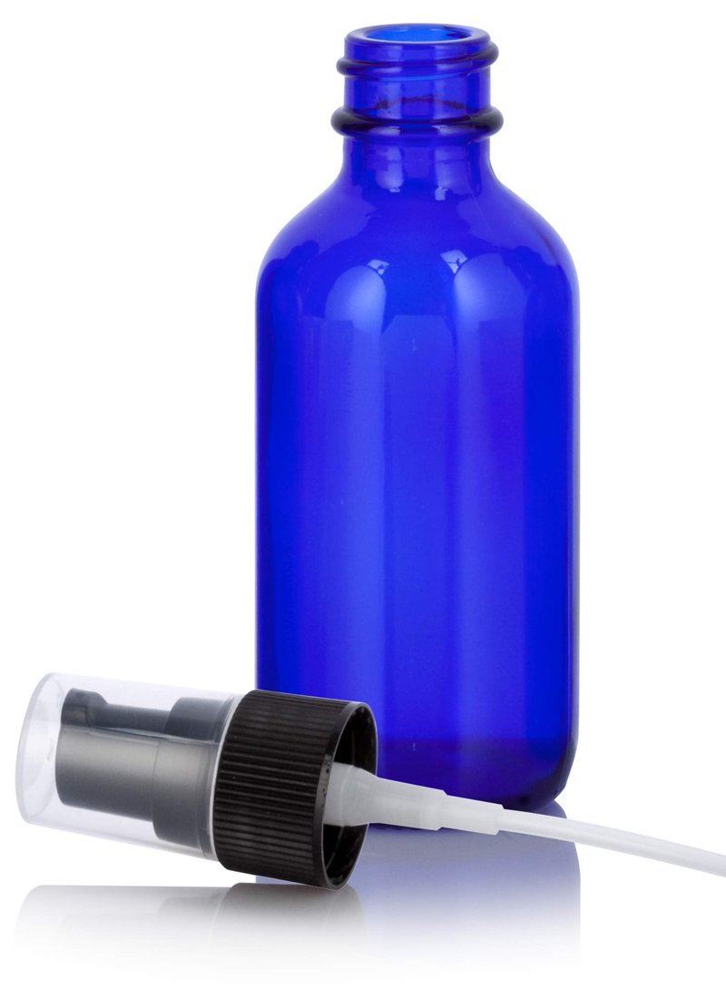 JUVITUS 2 oz Cobalt Blue Glass Boston Round Black Treatment Pump Bottle (24 Pack) + Travel Size Foamer for Soap