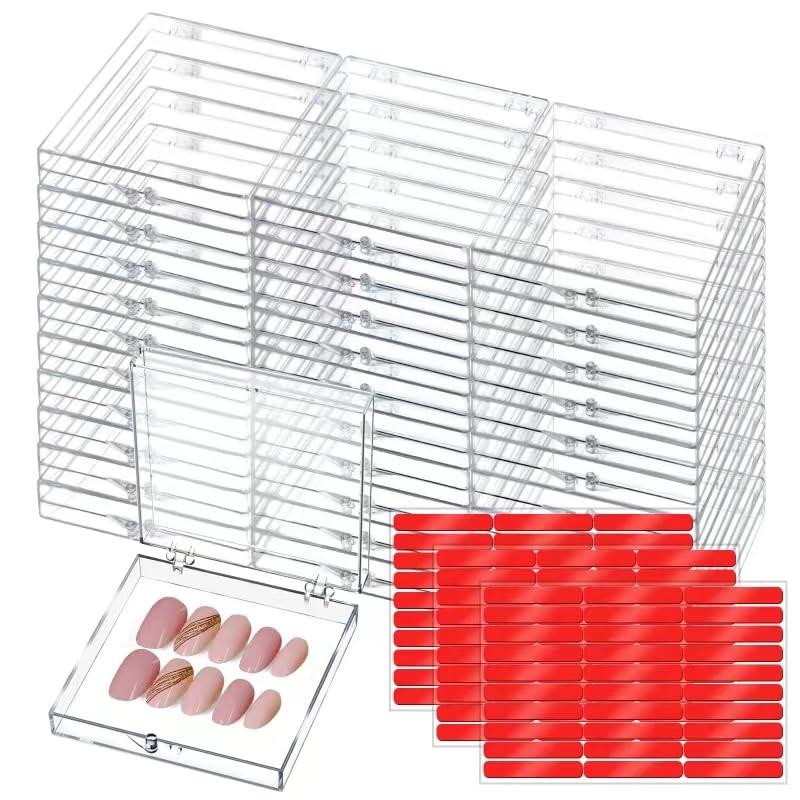 CloudTrip Press-On Nail Packaging Storage Box - 30 Large Acrylic Organizers with 90 Adhesive Tabs | Clear (8 x 8cm)