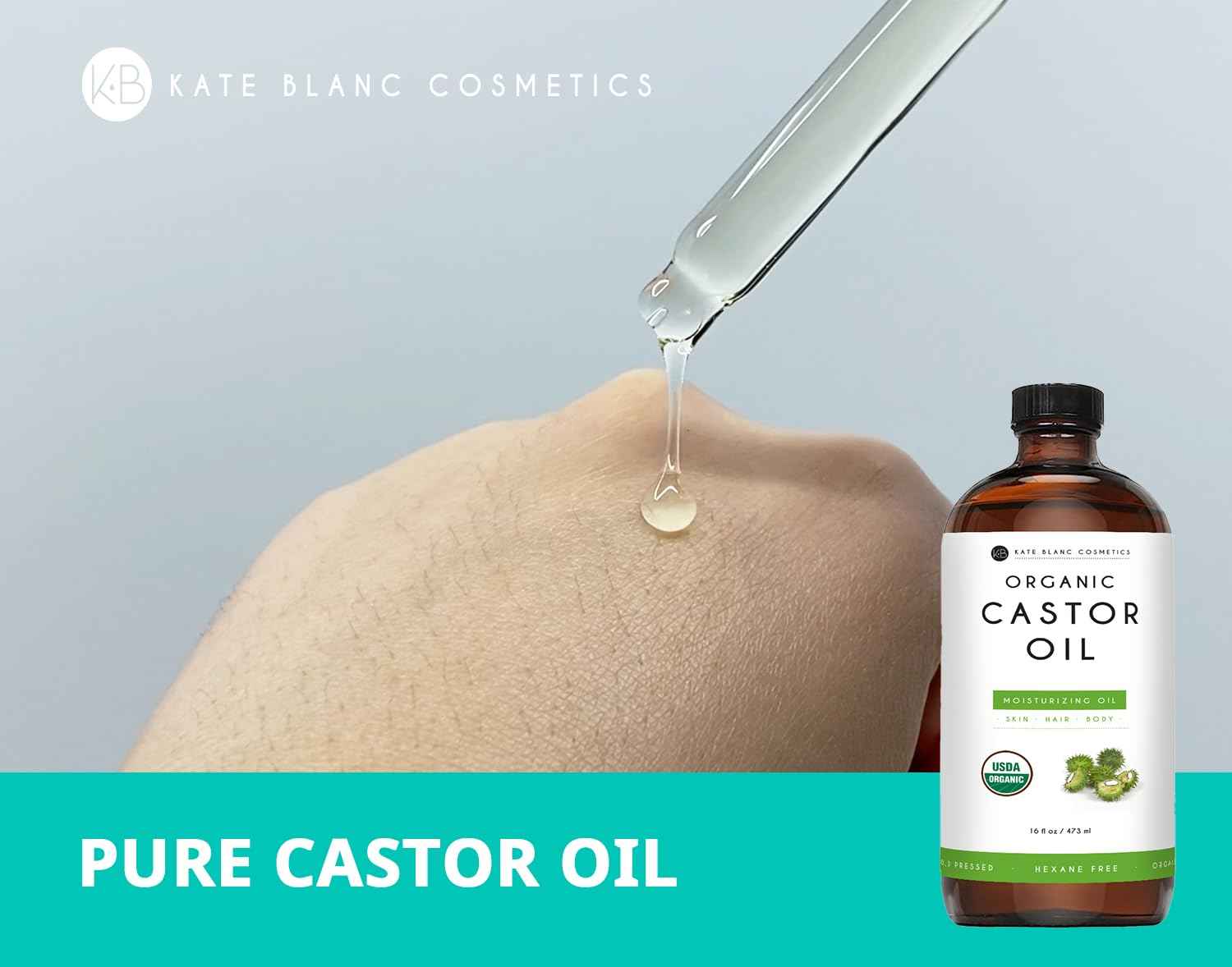 Kate Blanc Cosmetics Castor Oil for Face, Hair & Skin (16oz, Organic, Cold Pressed, Hexane-Free) Moisturizer for Eyelashes, Eyebrows, and Scalp