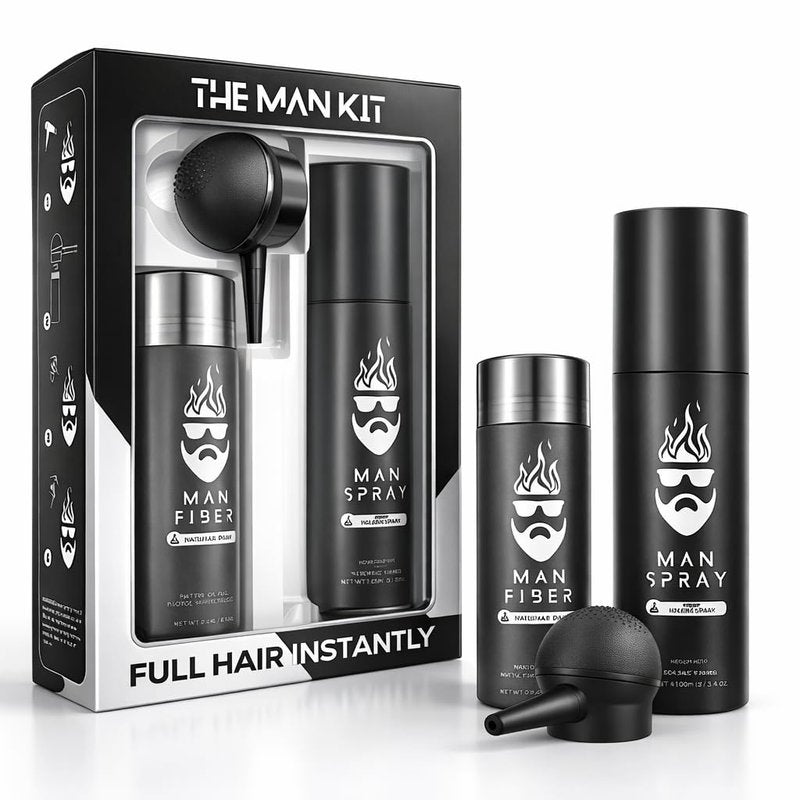 Hair Thickening Fibers (Black), Hair Fiber Locking Spray + Applicator Fiber Pump to create Natural looking Fuller Hair and Beard | Man Card Included | Hair Set by the THE MAN KIT