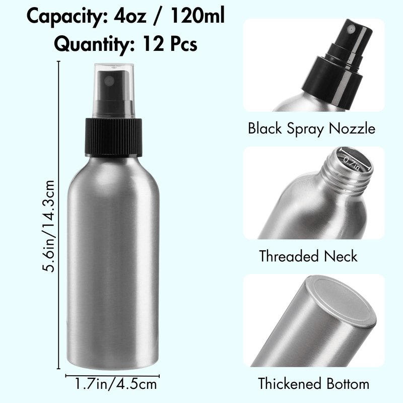 Youeon 12 Pack 4 Oz Fine Mist Spray Bottles, Reusable Aluminum Empty Spray Bottles, Small Refillable Bottle for Travel, Cosmetic, Perfume, Toner, Essential Oil Storage, Leak Proof