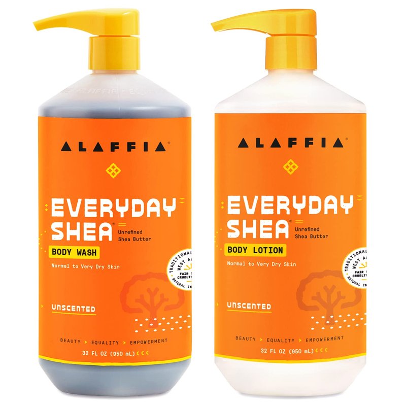 Alaffia Body Wash & Body Lotion Set, EveryDay Shea, Unscented – Gentle Skin Cleanser & Moisturizer for Normal to Very Dry Skin, 32 Oz Ea
