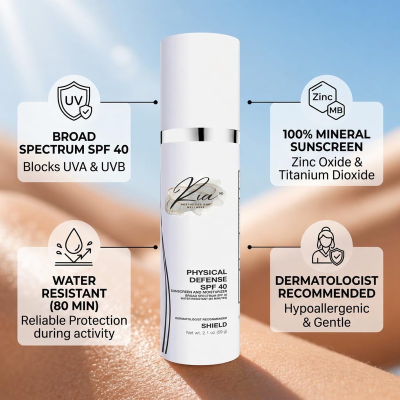 Ria Sunscreen & Moisturizer – Broad Spectrum Face Lotion with Vitamin E – Lightweight, Non-Greasy Daily Skin Protection (Physical Daily Defense with SPF 40)