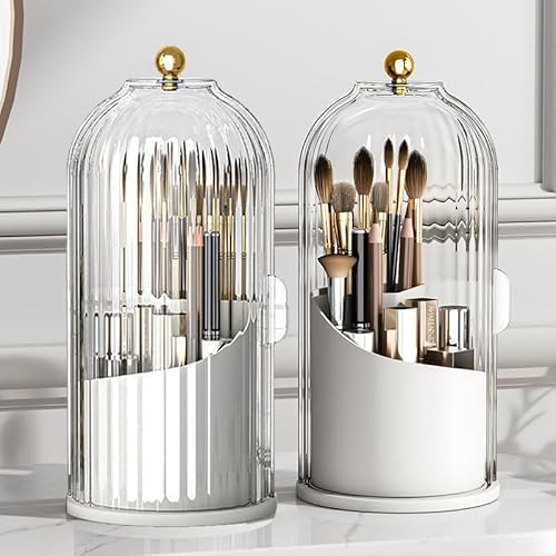 1PCS Makeup Brush Holder Organizer with Clear Lid 360 Rotating Sliding Opening Dustproof Brushes Container for Vanity