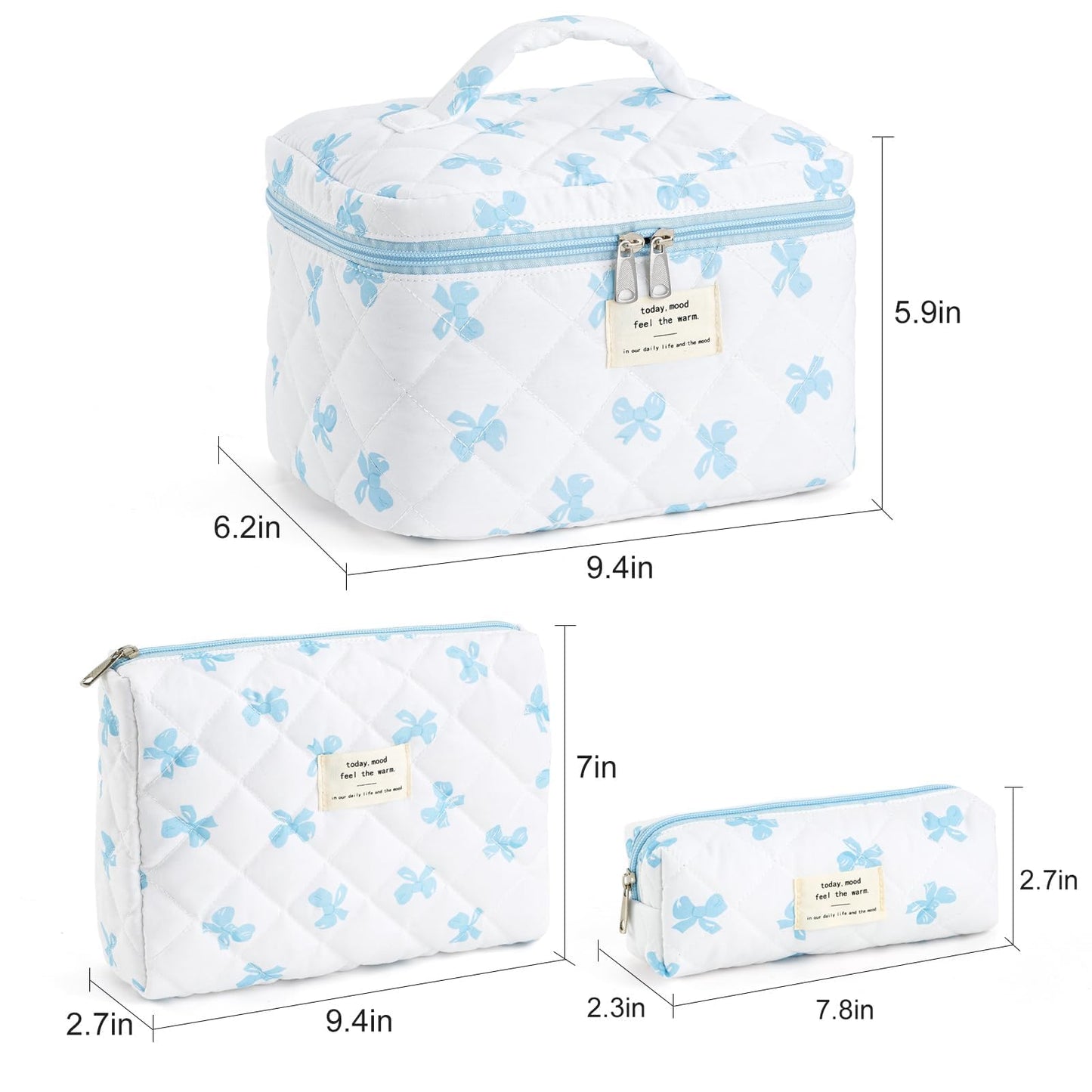 UUYUUY Makeup Bag for Women 3PCS Quilted Cotton Make Up Bag Travel Cosmetic Bag Large Makeup Bag Set Cute Blue Bow Makeups Organizer Floral Toiletry Pouch for Purse