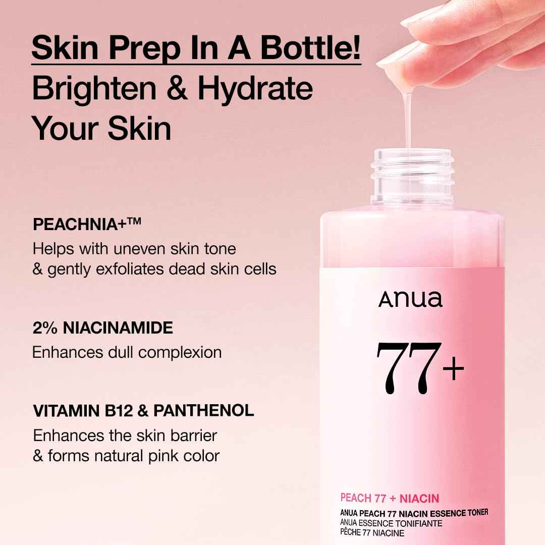 Anua Peach 77 Niacin Essence Toner 250ml / Brightening Toner for Face, Niacinamide, Panthenol, Ceramides, Facial Toner for Glass Skin, Korean Skin Care (8.45 fl.oz.)