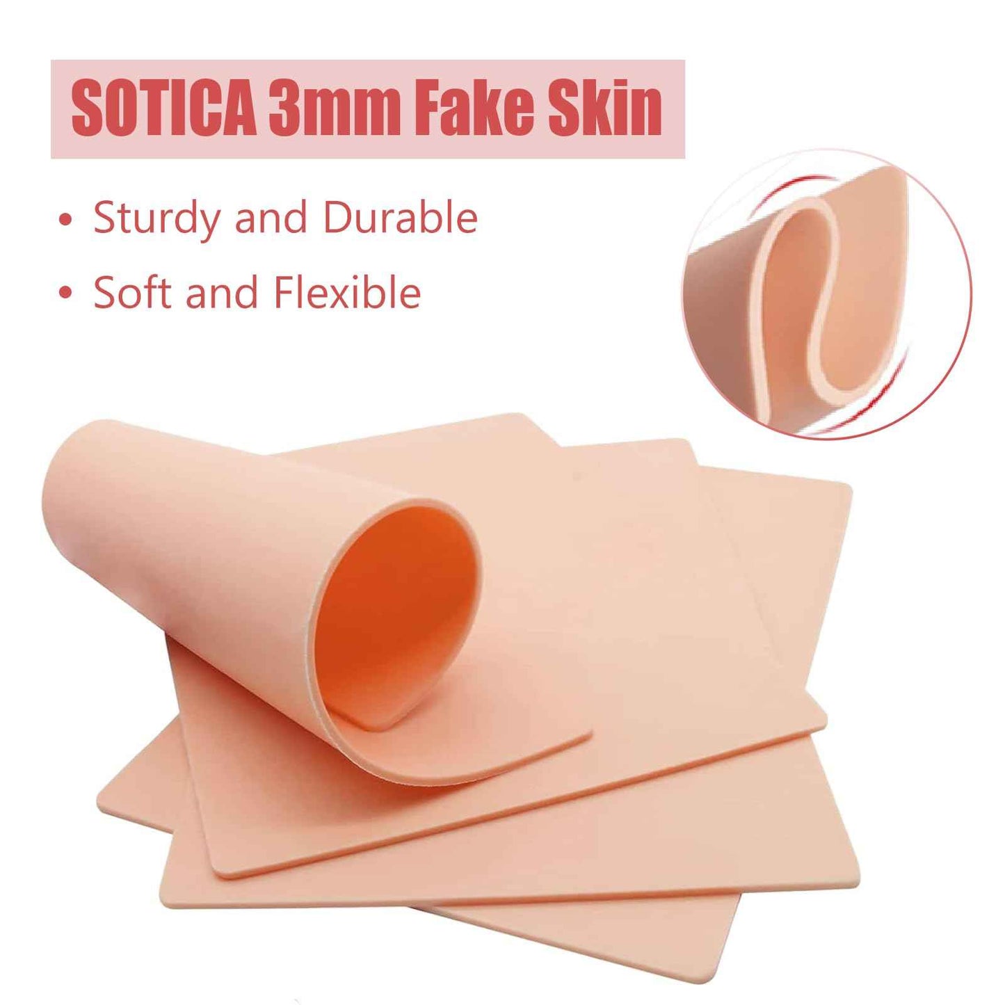 Sotica 8pcs 3mm Tattoo Practice Skins, 6x8" Fake Tattoo Skin Silicone, Realistic Color & Texture, Holds Ink Well, Double-Sided Use, Thick & Sturdy, Perfect for Tattoo Artists