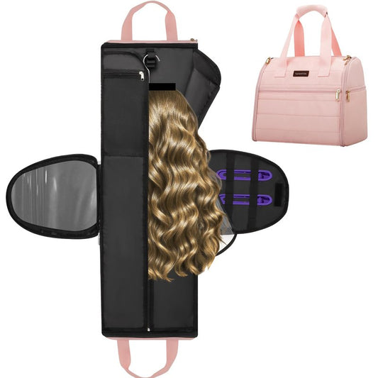 Wig Storage Bag Holds 3 Wigs Hair Tools Travel Bag Full-Open Breathable Organizer Case for Clips, Hair Dryer, Flat Curling Iron Brushes,Cosmetic Toiletry Tote Valentine's Gift for Women Stylist