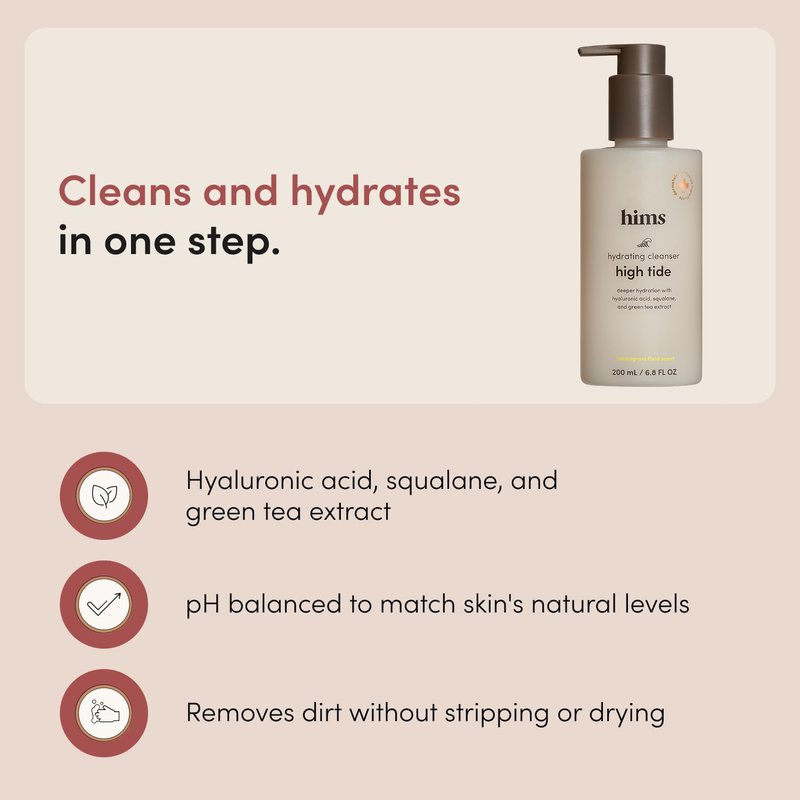 hims High Tide Hydrating Daily Cleanser - With Hyaluronic Acid & Squalane - Moisturizing, Non-Stripping Facial Cleanser - Gentle, pH Balanced, Sulfate-Free - 6.8 Fl Oz