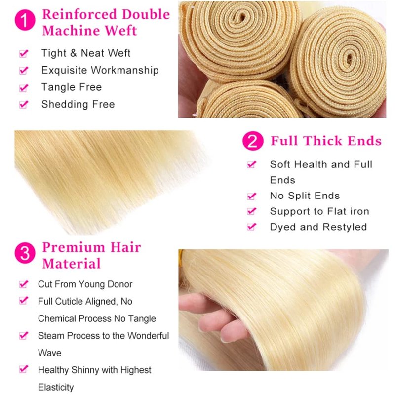 Blonde Bundles - 613 Blonde Straight Human Hair Extensions | Unprocessed Brazilian Virgin Remy | 22-26 Inch Soft Weave