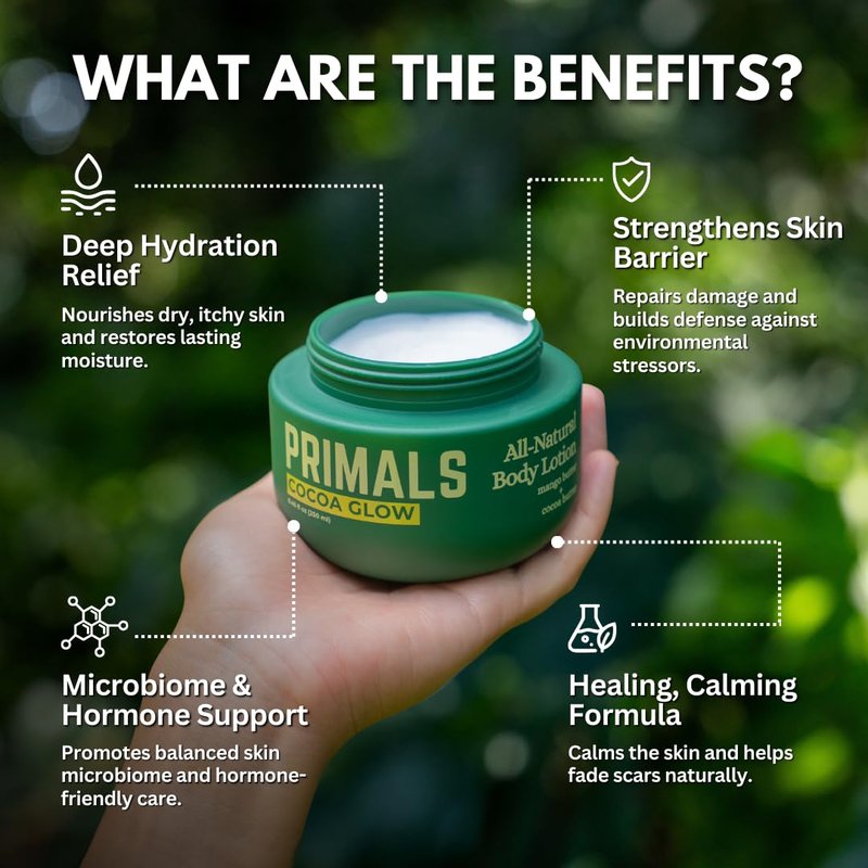 PRIMALS All Natural Body Lotion - Cocoa Butter & Mango Butter - 100% Naturally Derived Ingredients - Alcohol Free, Artificial Fragrance Free, Paraben Free, Petroleum Derivative Free - 8.45 oz