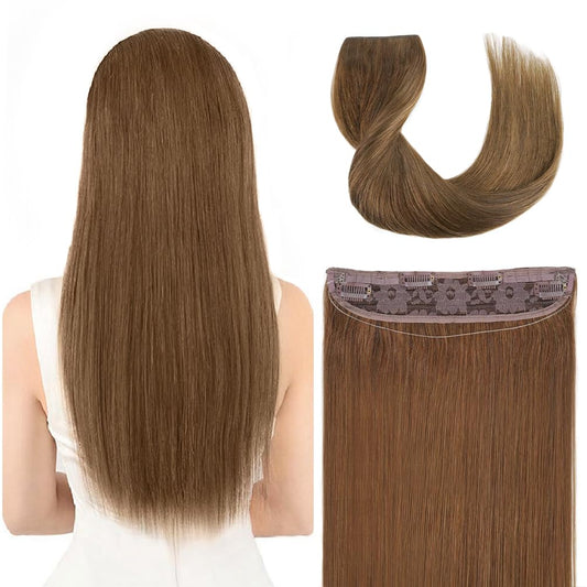 Invisible Wire Hair Extensions Real Human Hair - 12 Inch 70G Ash brown Transparent Fish Line Clip-Ins Hair Piece, 100% Remy Human Hair Extensions for Women