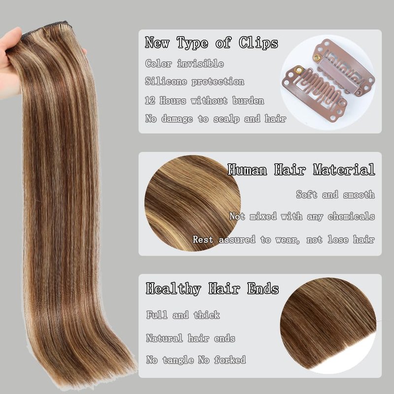 Clip in Hair Extensions Real Human Hair 100% Remy Human Hair Seamless Balayage Invisible clip on hair extensions for women Double Weft 7pcs 14 Inch 75g #4/27 Chocolate Brown Highlight Honey Blonde