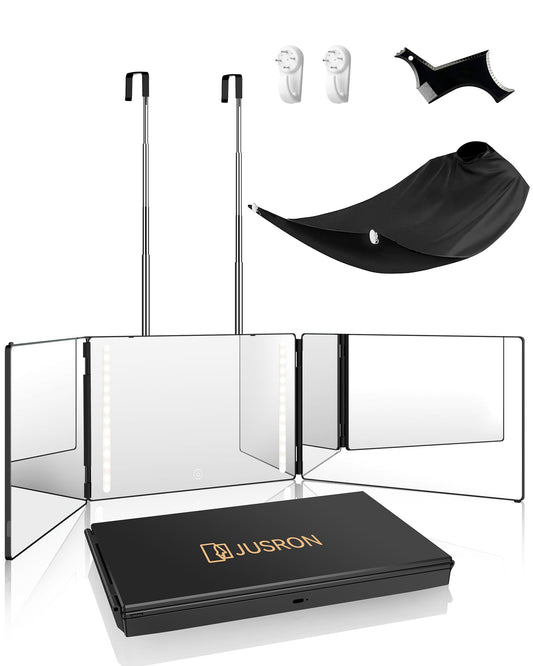 JUSRON 360 Viewing Angle Self Hair Cutting Mirror, Clear Anti-Fog HD Glass (Black with LED with Accessories)