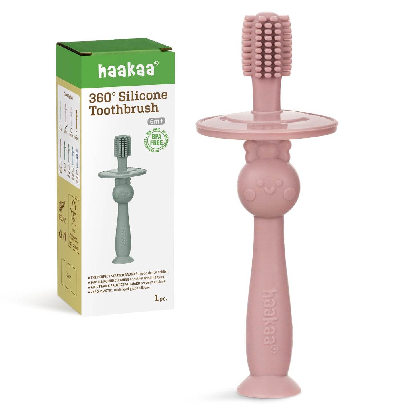 haakaa 360° Silicone Baby Toothbrush, Soft Infant First Brush, Tongue, Gum & Teeth Cleaner for 6M+, BPA-Free with Safety Shield and Suction Base - Blush (1 Piece)