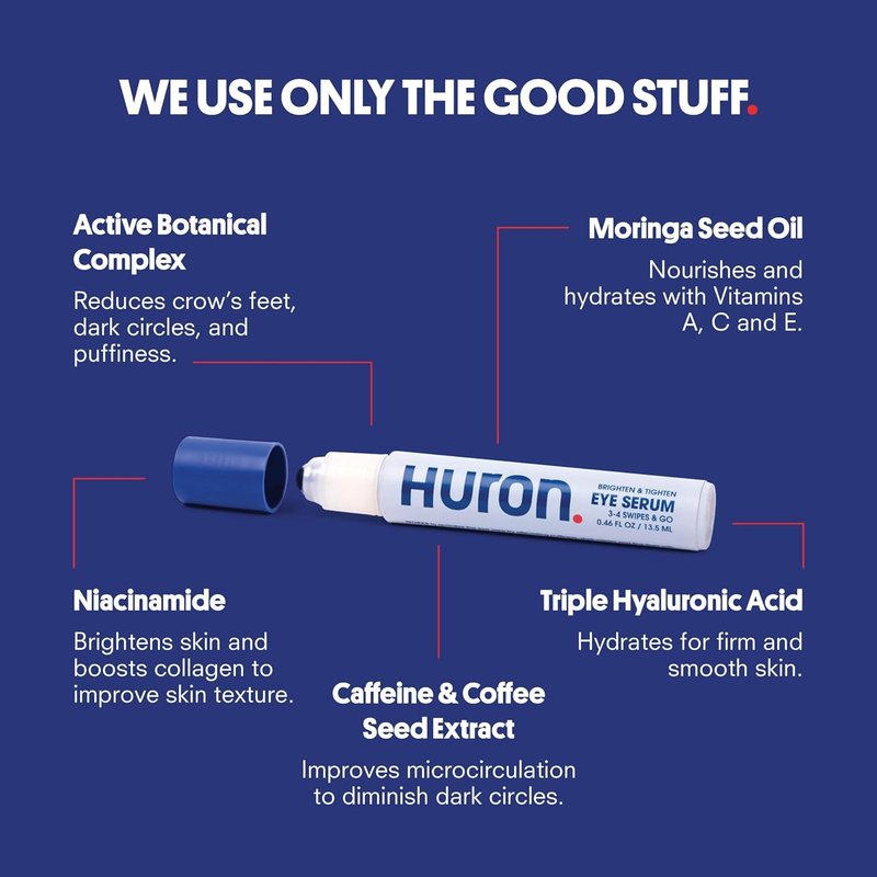 Huron Advanced Brighten & Tighten Eye Serum – Under Eye Brightener - Reduces Dark Circles & Puffiness – Infused with Niacinamide, Hyaluronic Acid & Moringa Oil – Rollerball Applicator – 13.5 ml - Pair